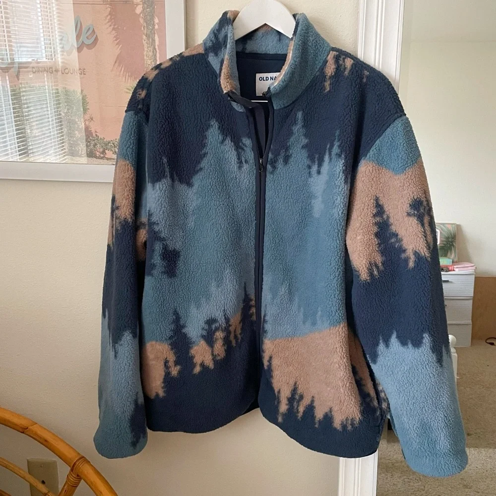 Old Navy Blue Tree Sherpa Full Zip Up Jacket Men’s Large